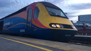 East Midlands trains power cars 43046 +43043 depart Sheffield bound for Leeds