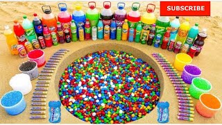 EXPERIMENT: M&M Candy vs Big Coca Cola, Chupa Chups, Fanta, 7up, Monster and Mentos Underground