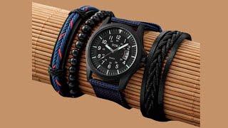 Relógio Masculino com 3 Pulseiras Preto Azul Tecido Estilo Casual Urbano