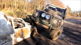 Land rover drives onto burnt van!