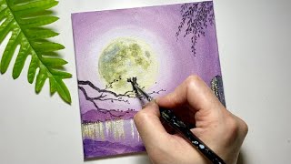 Peaceful Moonlight/ Golden Lake Cityscape/Easy Acrylic Painting Tutorial For Beginners #289