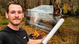 Building a Plastic Wrap Shelter and Sleeping in it (Heavy Rain) | Solo Overnight