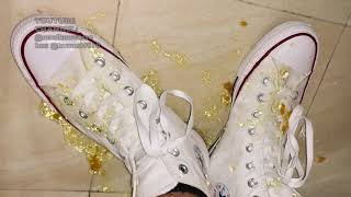 New White Converse messy and stomped by Stan Smiths