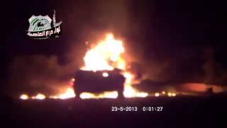 Syria   Assad Tanks Burns on International Highway in Harasta 5 22 13 Damascus Suburbs   Kopya