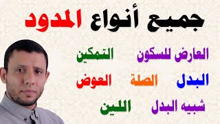 جميع أنواع المدود (التمكين والعارض والعوض والصلة والبدل وشبيه البدل واللين)