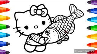 Drawing and Coloring Hello Kitty with Fish | Hello Kitty holding a fish drawing for kids & toddlers|