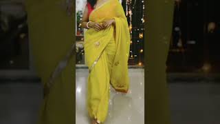 Yellow georgette Saree with Pink sleeveless Blouse | How to drape a saree? #sareehaul