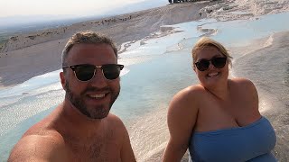 Swimming in the travertine terraces at Pamukkale, Turkey