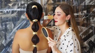 ASMR Flawless Bubble Braid Ponytail with Gold Cuffs Hairstyle | Brushing Spray Triggers Soft Spoken