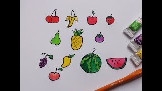 DD Art | Draw different kind of fruits cherry watermelon banana apple strawberry pear pineapple