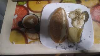 Breakfast - Fried Boiled Eggs, Coconut Cream Bun, Pringles & Hot Tea