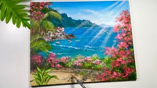 Seascape with Flowers🌺/ Easy Acrylic Painting Tutorial For Beginners #286