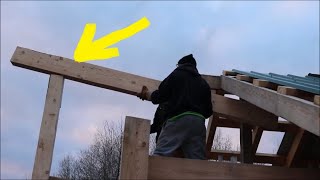 Installing A 10' Long 200lb Ridge Beam 25' In The Air...By Hand. Off Grid Homesteading.