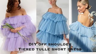 EASY OFF SHOULDER TIERED TULLE SHORT DRESS (Cutting & Stitching) Layered dress #tulledrss #tulle