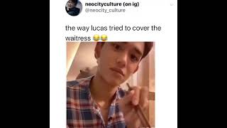 Lucas trying his best to not to show waitress face is damn cute #wayv #nct #lucas