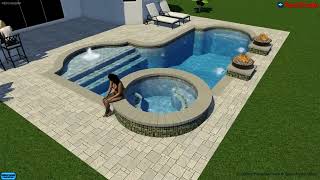 Traditional Pool, Elevated Spa with Copper Scuppers and 2 Copper Firebowls, Outdoor Kitchen