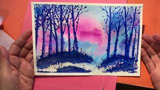 Classplan - watercolor trees in pink blue sky in Chinese