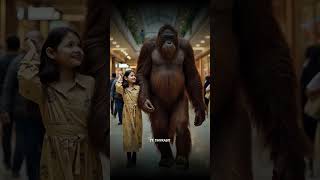 Beautiful girl and orangutan walking in the mall