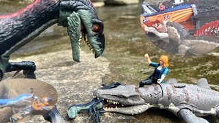 Jurassic World Claire vs Therizinosaurus with Liopleurodon & Spinosaurus, Plesiosaurus underwater