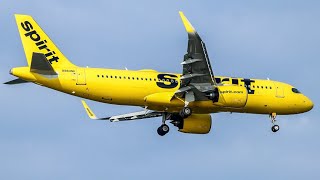 spirit airlines airbus a320neo with a black mask over the cockpit windows landing MYR