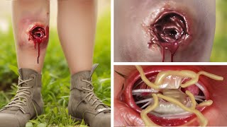 ASMR Removes Necrotic Wounds on legs & Parasitic worms, Large pustules | Deep Cleaning Animation