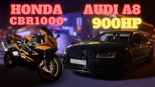 BMW E36 против AUDI A8 900HP, HONDA CBR1000