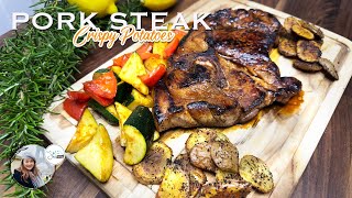 Juicy Pork Steak with Crispy Potatoes. Delicious dinner for 2 under 30 minutes. What’s for dinner?