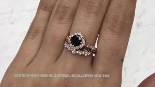 Mini Vintage Floral Black Spinel Bridal Set Crown Black White Diamond Band