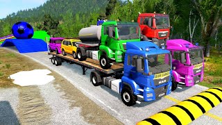 Double Flatbed Trailer Truck vs speed bumps|Busses vs speed bumps|Beamng Drive|BEAMNG4K#30