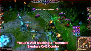 Yasuo's Wind Wall Blocking Team-mate Syndra's Spells