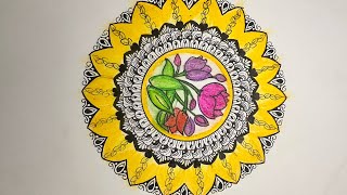 Oil Pastels Flower Mandala art | How to draw easy flowers Mandala art | beginners friendly