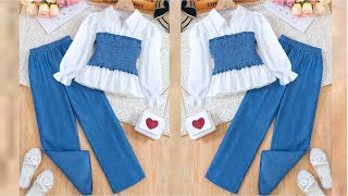 Baby Full Sleeve Shirred Panel Top With Wide Leg Pant Cutting and Stitching | DIY Trendy Baby Dress