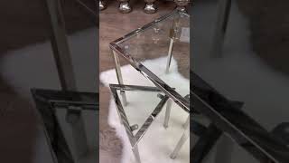 Set Of 3 Stainless Steel And Glass End Tables In 3 Geometrical Shapes