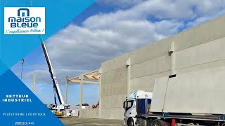 CHANTIER INDUSTRIEL : PLATEFORME LOGISTIQUE VIRTUO Pose de murs et de poteaux préfabriqués en béton