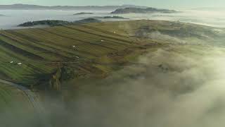 Fog over cultivated fields  aerial backward tilt down FREE STOCK VIDEO