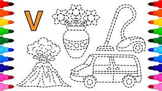 [영어놀이]알파벳 V 단어, 승합차, 화산, 꽃병, 청소기, 점선 그림을 그리고 색칠하며 단어공부| Coloring V Words, Van, Volcano, Vase, Vacuum