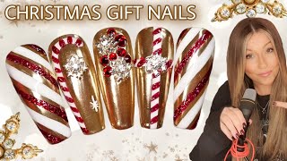 🎁 Christmas Gift Nails | Easy Nail Art Design | Gold Chrome Candy Cane Bling Glitter | Vettsy | Xmas