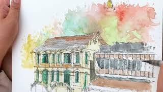 French colonial and modern architeture with Phousi Hill  [On-site sketching and watercolor] Ep4