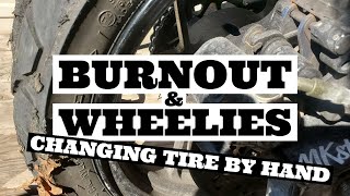 how to change tire on grom by hand! burnout till tire blows!