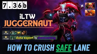 [ iLTW ] Juggernaut Safe Lane Dominating Laning Stage and Early Farming | Dota 2 Pro replay | 7.36b