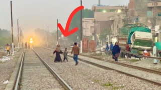 Mad Women Dangerous Railway Track Crossing Butt Speedy Train Coming Fast 💨