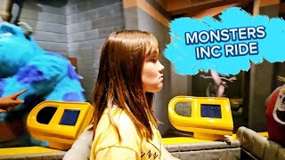 Mila goes on the Monsters Inc ride at Universal Studios