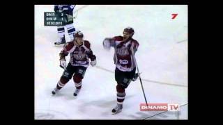 Dinamo Riga hockey player funny face plant after his teammate scored a goal. KHL 2010/2011 season.