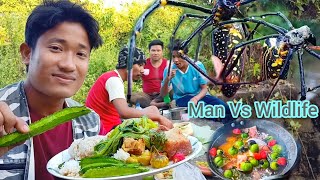 Eating dangerous spider with pork || khemprai village food.