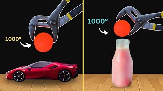 Experiment 1000°C Glowing Metal Ball vs Car, Strawberry Milk  | Cool Science Experiment