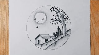 Easy circle scenery drawing || Circle drawing for beginners || Pencil drawing in circle step by step