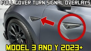 2023 + | Model 3 & Y Full Cover Turn Signal Overlays   Hardware 4 0 1 Pair   Real Dry Molded Carbon