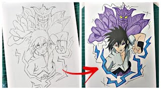 Cara menggambar Uchiha Sasuke Susanoo [Naruto Shippuden] Drawing Anime step by step