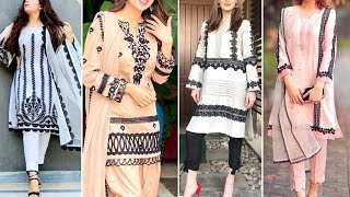 New Summer Black Lace Designing Suits/White Dresses With Black lace Designing Ideas/Black Lace Ideas