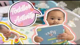 Toddler activities : baca buku rabbithole PAPA, stacking ring donut